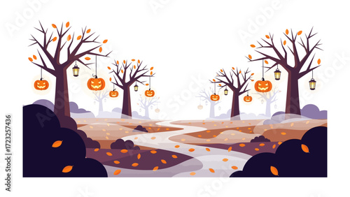 Enchanted Halloween Landscape: An idyllic, flat illustration presents a captivating Halloween scene with spooky jack-o'-lanterns adorning bare trees that line a winding path.