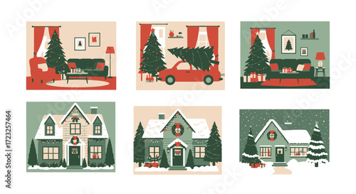 Festive illustrations depicting holiday scenes, including homes and interior decorations, with Christmas trees.