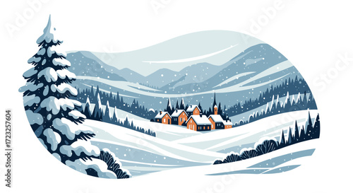 Winter wonderland landscape, snow-covered village nestled in a valley, with mountains and trees.