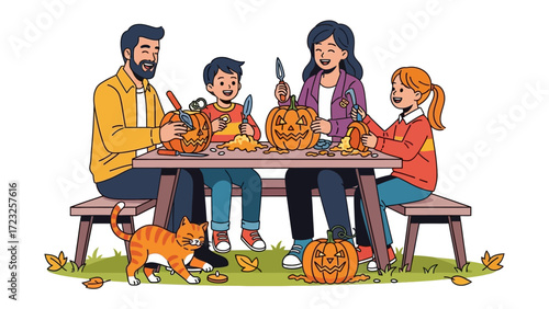 Family Carving Pumpkins: A warm, illustration of a family engaging in the cherished tradition of carving pumpkins for Halloween, creating jack-o'-lanterns together.