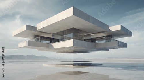 Futuristic floating cube architecture above reflective water