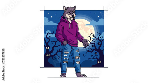 Wolf in urban style in the moonlight: A stylized depiction of a wolf wearing a hoodie and jeans, standing confidently against a backdrop of a full moon and spooky trees.