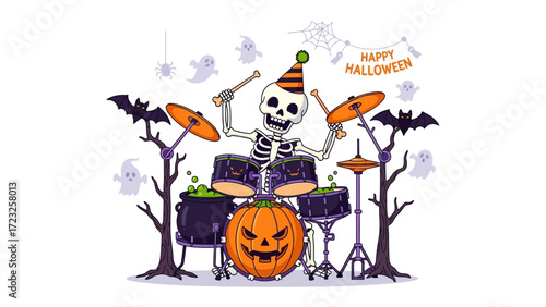 Spooky Rhythm: A skeletal drummer, sporting a festive hat, enthusiastically plays a drum set adorned with Halloween-themed elements such as jack-o'-lantern and bubbling cauldron.