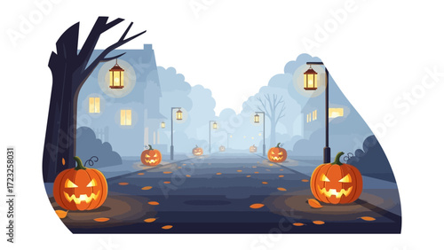 Spooky Street on Halloween: A whimsical street scene on Halloween night, adorned with glowing jack-o'-lanterns and streetlights, casting an eerie yet enchanting atmosphere over the neighborhood.