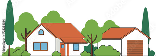 Suburban house with garage and lush green trees vector