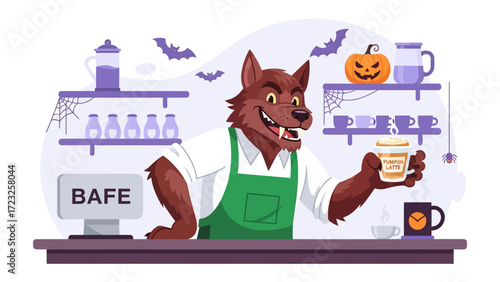 Spooky Cafe Barista: A jovial werewolf barista, grinning amidst Halloween decorations, crafts a coffee cup in a whimsically illustrated cafe scene, evoking the spirit of the holiday.