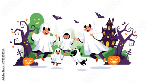 Happy Halloween Celebration: Illustration featuring a happy family dressed as ghosts enjoying a cheerful Halloween celebration. The scene is adorned with spooky decorations such as pumpkins.