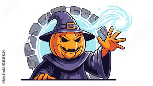 Pumpkin Sorcerer: A whimsical depiction of a pumpkin-headed sorcerer casting a magical spell, emanating an aura of enchantment, perfect for adding a touch of fantasy to your projects.