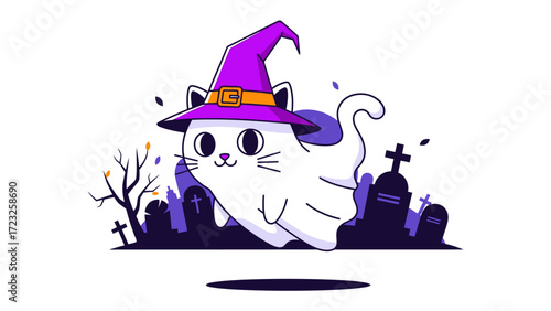 Spooky Cat in Halloween: A playful ghostly feline dons a witch hat amidst a graveyard, ready for a night of eerie festivities. A touch of the supernatural is set against the spooky Halloween night.