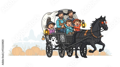Haunted Halloween Carriage Ride: A spooky Halloween scene depicts a family enjoying a haunted carriage ride, guided by a ghostly black horse, through a pumpkin patch. 