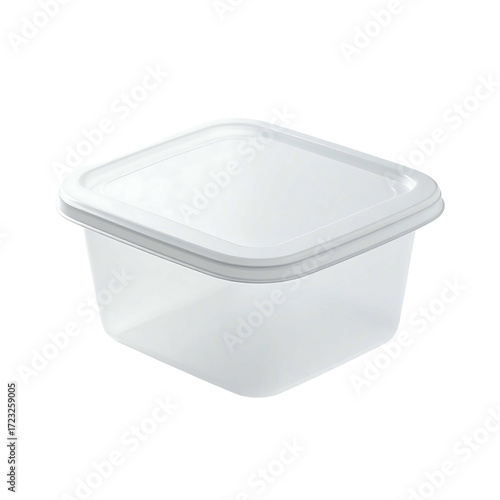 A small, square, clear plastic food container with a matching opaque white lid