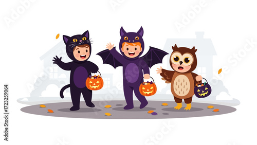 Halloween Mischief: A heartwarming scene of children dressed in playful Halloween costumes, embarking on their trick-or-treat adventure, embodying the spirit of fun and festivity.