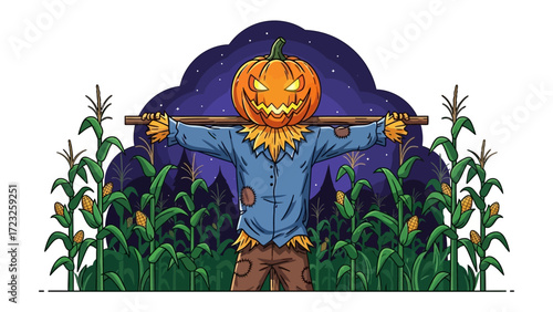 Night Watch in Cornfield: An ominous pumpkin-headed figure stands sentinel amidst a shadowy cornfield, its glowing eyes piercing the night sky during the spooky harvest season.