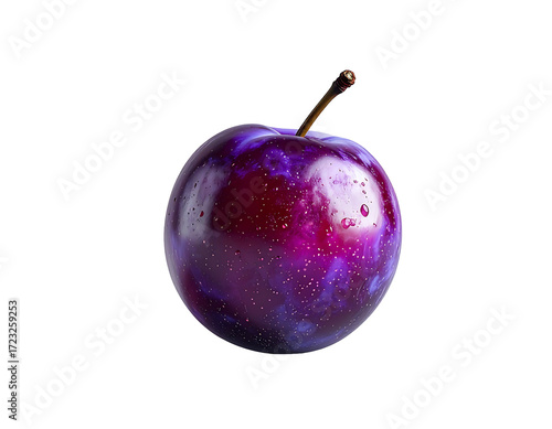 A single, dark purple plum with a reddish hue, glistening with moisture, sits against a black background, showcasing its smooth skin and subtle stem