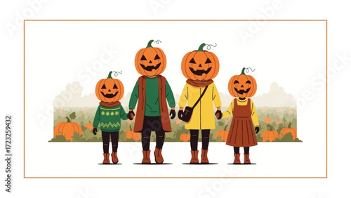 Autumnal Pumpkin Family: A charming family, each with a carved pumpkin head, stand together in a field, embodying the spirit of Halloween and the fall season.