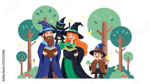 Magical Gathering: A whimsical scene of a wizard, witch, and child wizard, accompanied by a black cat. set in a fantasy forest, conjuring an enchanting atmosphere and sparking imagination.