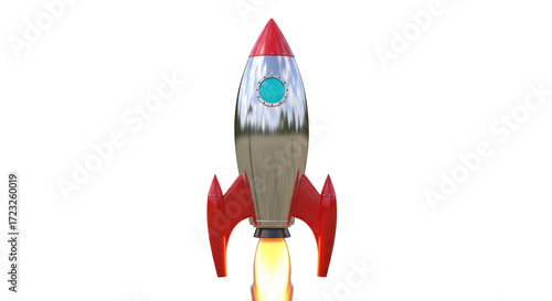 Isolated Spacecraft Ascending with Fire Underneath and a Silver Hull Design. Ready to fly