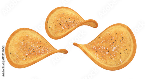 Isolated potato chips, crispy thin and golden, seasoned with salt and pepper, ready to eat