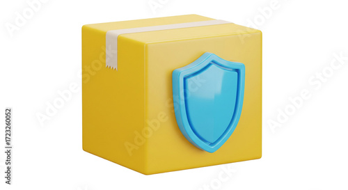 Isolated yellow parcel with blue shield, secured delivery, safe and protected package shipment