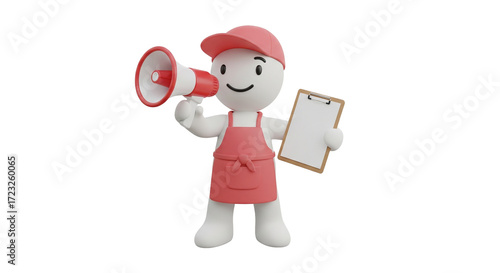 Isolated Man with Megaphone and Clipboard Delivering Sales Pitch to Customers
