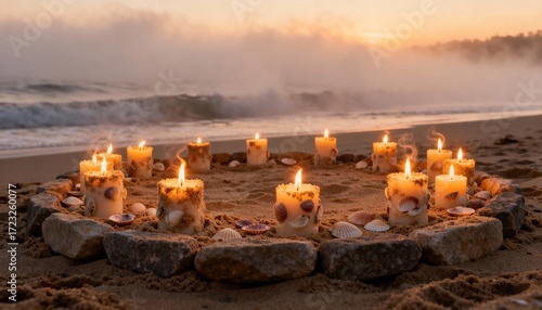 Candles arranged in a circle on a sandy beach at sunrise with gentle waves in the background