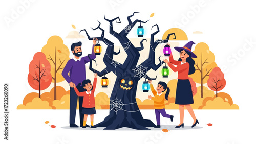 Halloween Family Decorations: A family dressed in festive Halloween outfits decorates a spooky tree with colorful lanterns against a warm, autumnal backdrop, embodying the joyful spirit of the season.