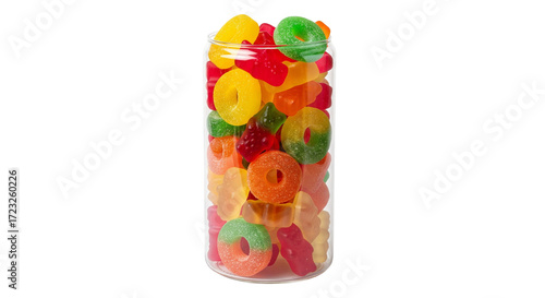 Isolated treats assorted sweet chewy gummy candy in a clear jar, sugary dessert for a party