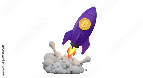 Isolated cryptocurrency rocket ship launching upwards for growth, wealth, success