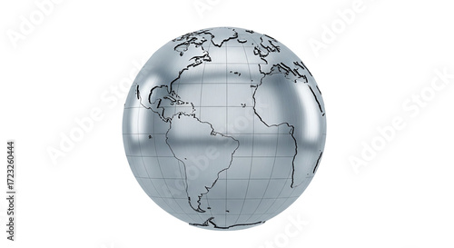 Isolated metallic globe with continents and longitude and latitude grid, global business