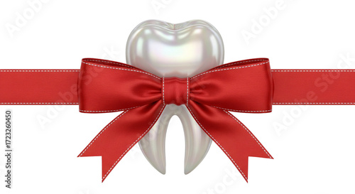 Isolated molar with ribbon bow, perfect gift for dental health and orthodontic treatment