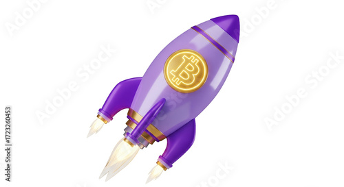Isolated, conceptual image of a Bitcoin rocket ship launching into the future market