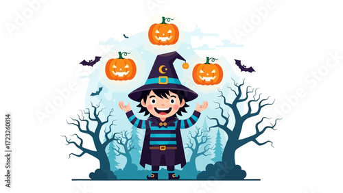 Halloween Magician: A joyful young magician, in full costume, performs a spell with three glowing pumpkins and bats. A whimsical Halloween illustration. 
