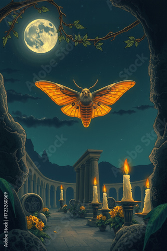 A humming moth glowing among candlelight blooms