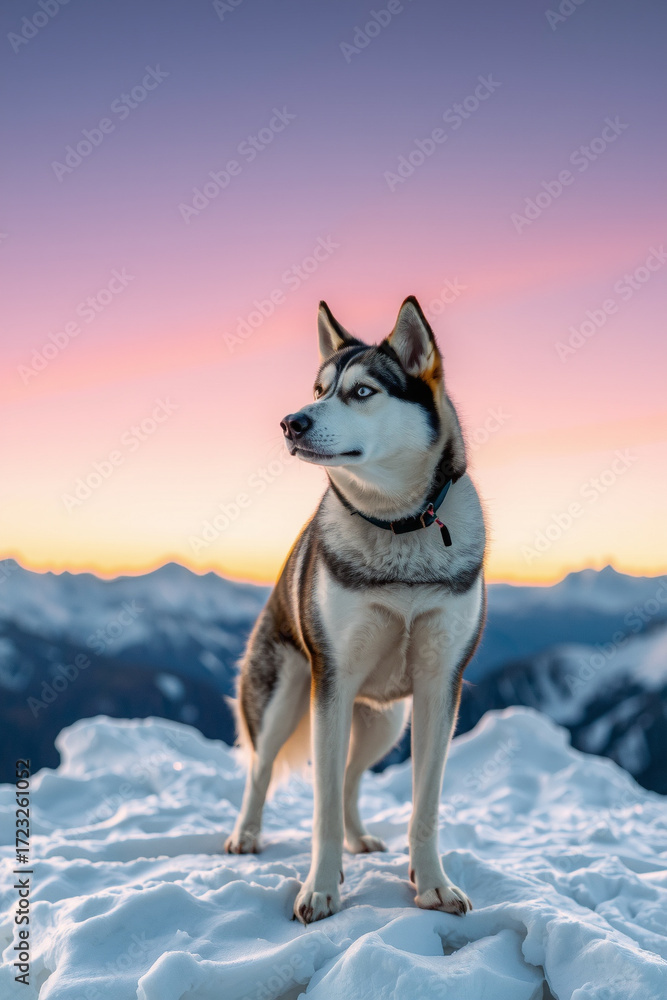 Fototapeta premium A husky standing at dawn atop a frost peak