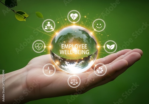 Employee wellbeing concept with icons in a crystal ball held in hand