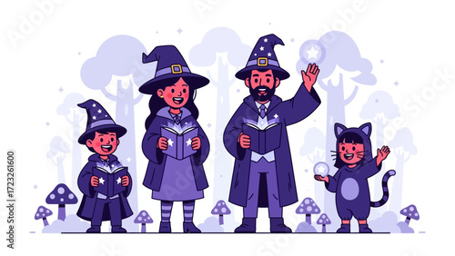 Family of Wizards: A whimsical illustration depicts a family, each adorned in wizarding attire, embarking on a magical journey within a whimsical world.