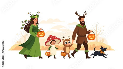 Halloween Family Costume: A family embraces the spirit of Halloween with creative and whimsical costumes, perfect for spooky season, as they joyfully stroll through a stylized landscape.