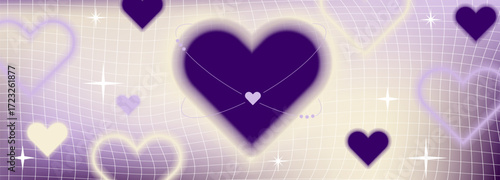 Happy Valentine's Day holiday horizontal banner. Y2k blur gradient heart background. Abstract romantic aesthetic designs for social media marketing, branding, packaging.