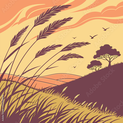A serene vector illustration captures the gentle movement of a soft breeze rustling through a field of tall golden grass evoking a sense of natural tranquility and warmth
