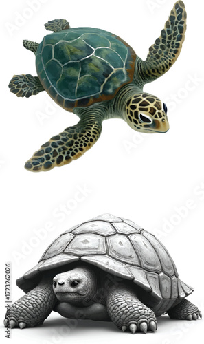 Two Turtles: Sea Turtle and Tortoise, Isolated on White