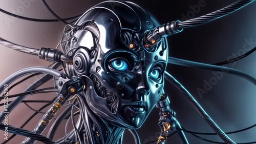 futuristic translucent ai figure with wires human augmentation theme for technology or digital projects, human skull with alpha channel