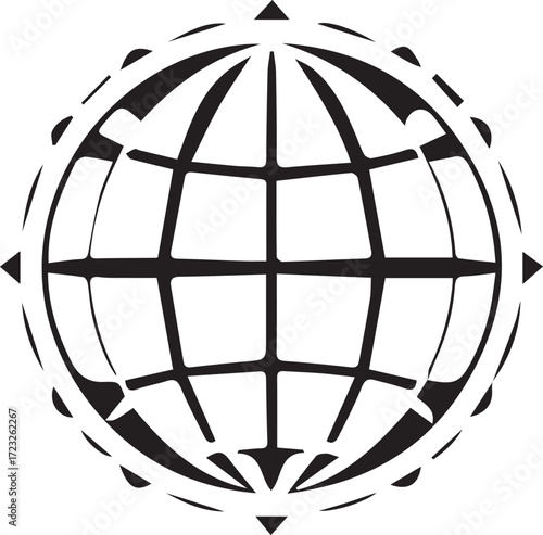 Dynamic monochrome vector illustration depicting a stylized global sphere encompassed by cardinal directions, representing concepts of international connectivity, navigation, and universal outreach