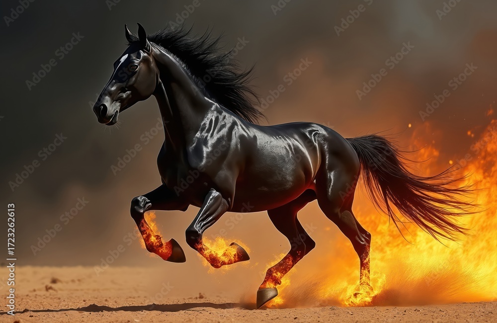 Fototapeta premium Powerful black horse gallops with flames in desert. Wild mustang runs fast leaving inferno behind, with blazing fire on its legs. Fiery dark animal embodies speed, energy, mythical fantasy.