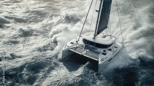 Catamaran sailing through a rough sea