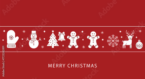 Celebrate the festive season with a charming Christmas banner featuring delightful icons and a cheerful red backdrop for holiday magic and joy