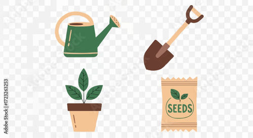 A collection of four illustrated gardening items: a watering can, a shovel, a potted plant, and a packet of seeds.