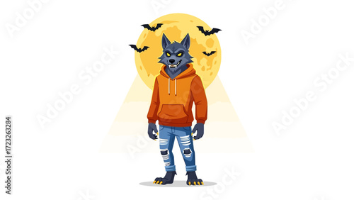 Werewolf under the Moon: A stylized illustration presents a standing werewolf in a modern orange hoodie and ripped jeans against a full moon backdrop, enhanced by flying bats.
