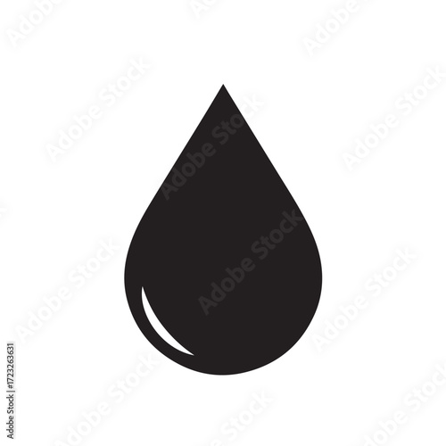 Simple black water drop icon symbolizing purity, hydration, and essential resources on a white background