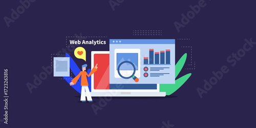 Magnifier highlights social media post, businessman monitor digital performance, web analytics and dynamic graph insights on laptop interface. 