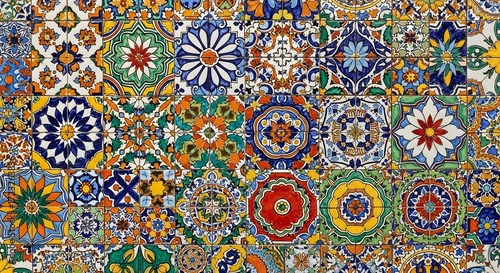 Colorful mosaic tiles with intricate patterns in a vibrant display